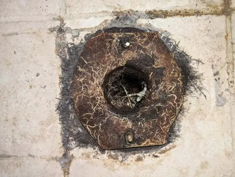 Tree roots growing around a toilet flange opening