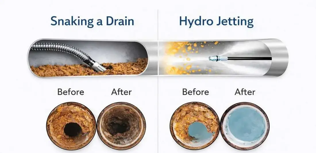 Diagram comparing a drain snake and hydro jetting, with before and after views of the pipe